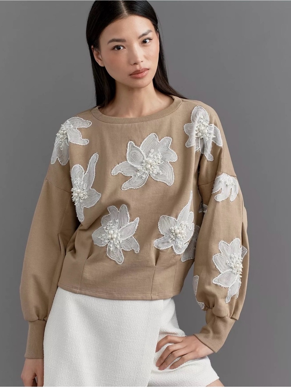Anthropologie Ollari Embellished Pullover Sweatshirt - Taupe